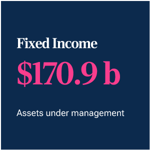 Total fixed income assets under management (amounts shown in U.S. dollars): 61.6B credit, 75.2B cash/stable value, 52.7B government, 45.3B global/emerging markets, 30.8B global high yield.