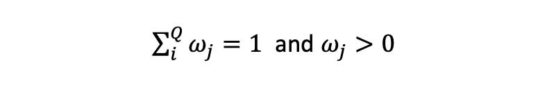 Summation from i to Q of omega for each quarter equals 1, and omega of each quarter is strictly greater than 0.