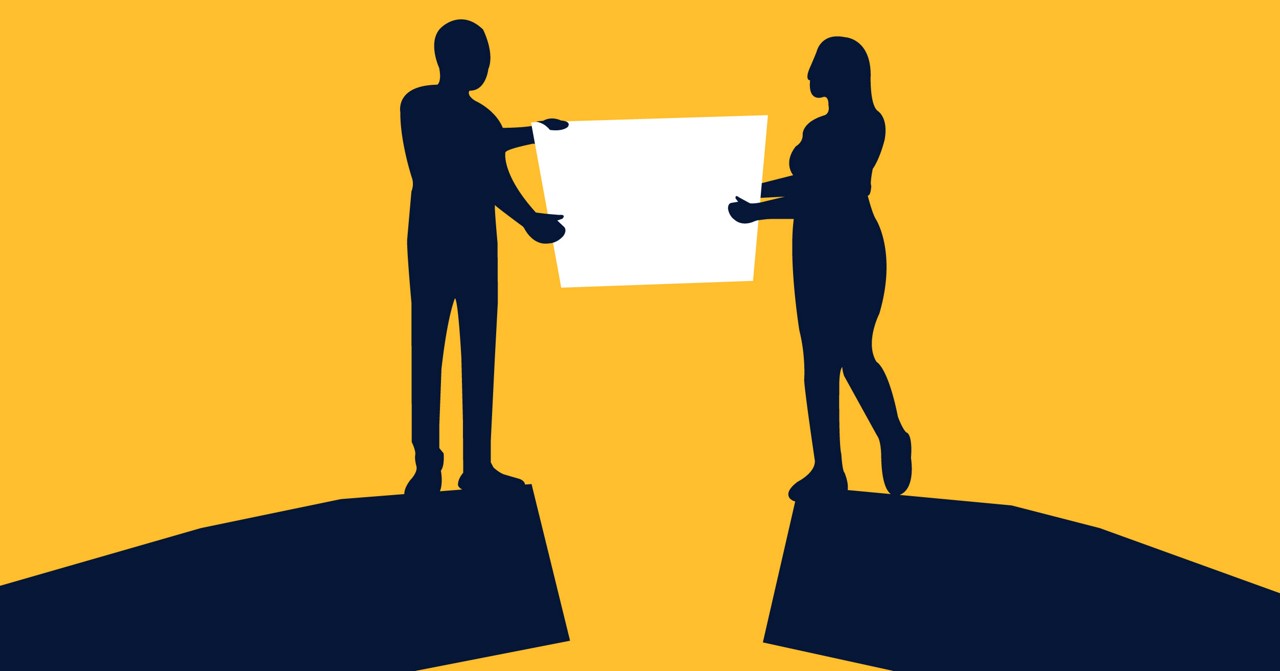 Illustration with bright yellow background and silhouettes of two people creating a bridge by each holding one side of a box.