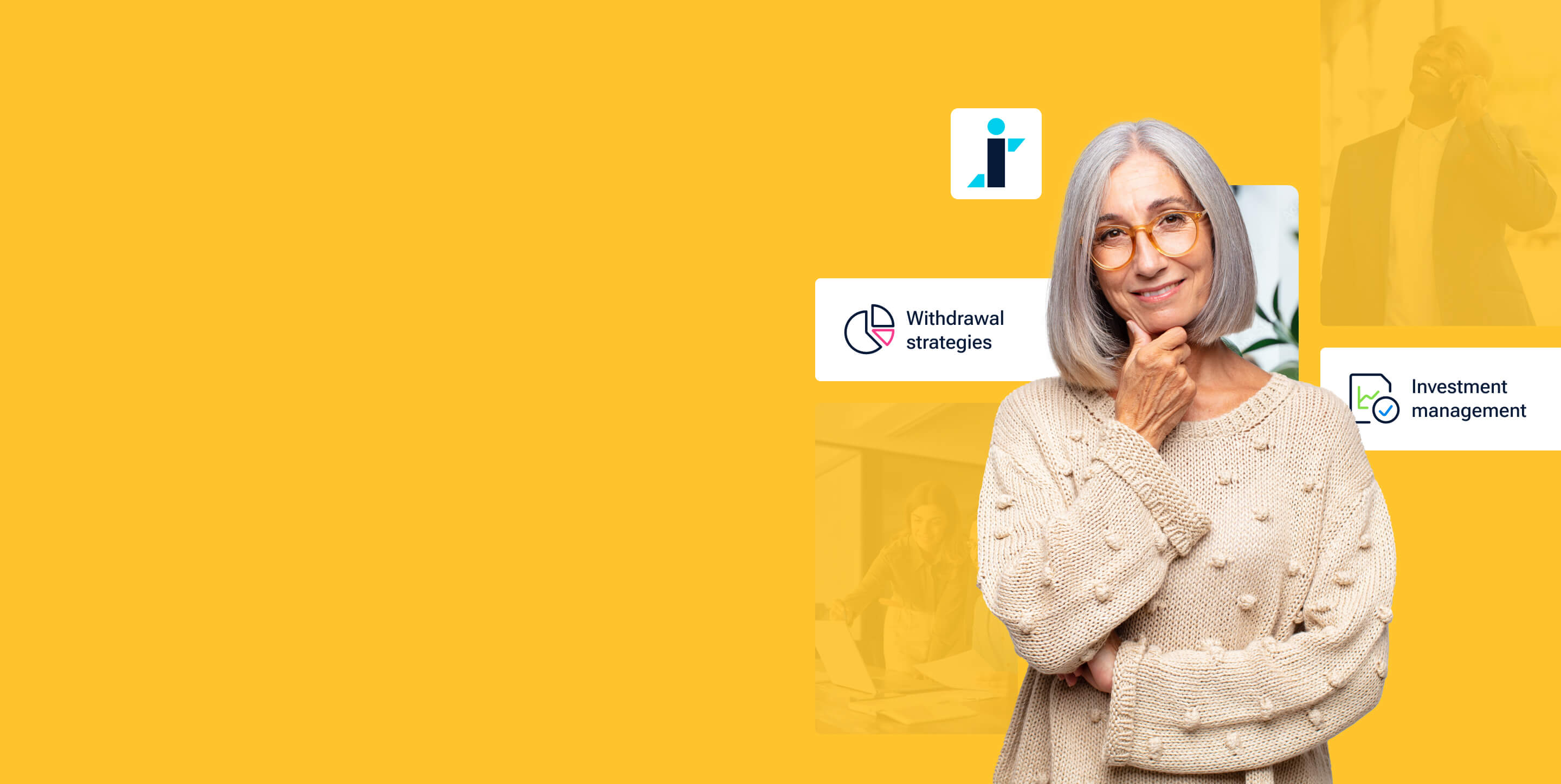 A retirement-age woman smiling in front of a yellow background featuring icons, images, and the phrase "withdrawal strategies."