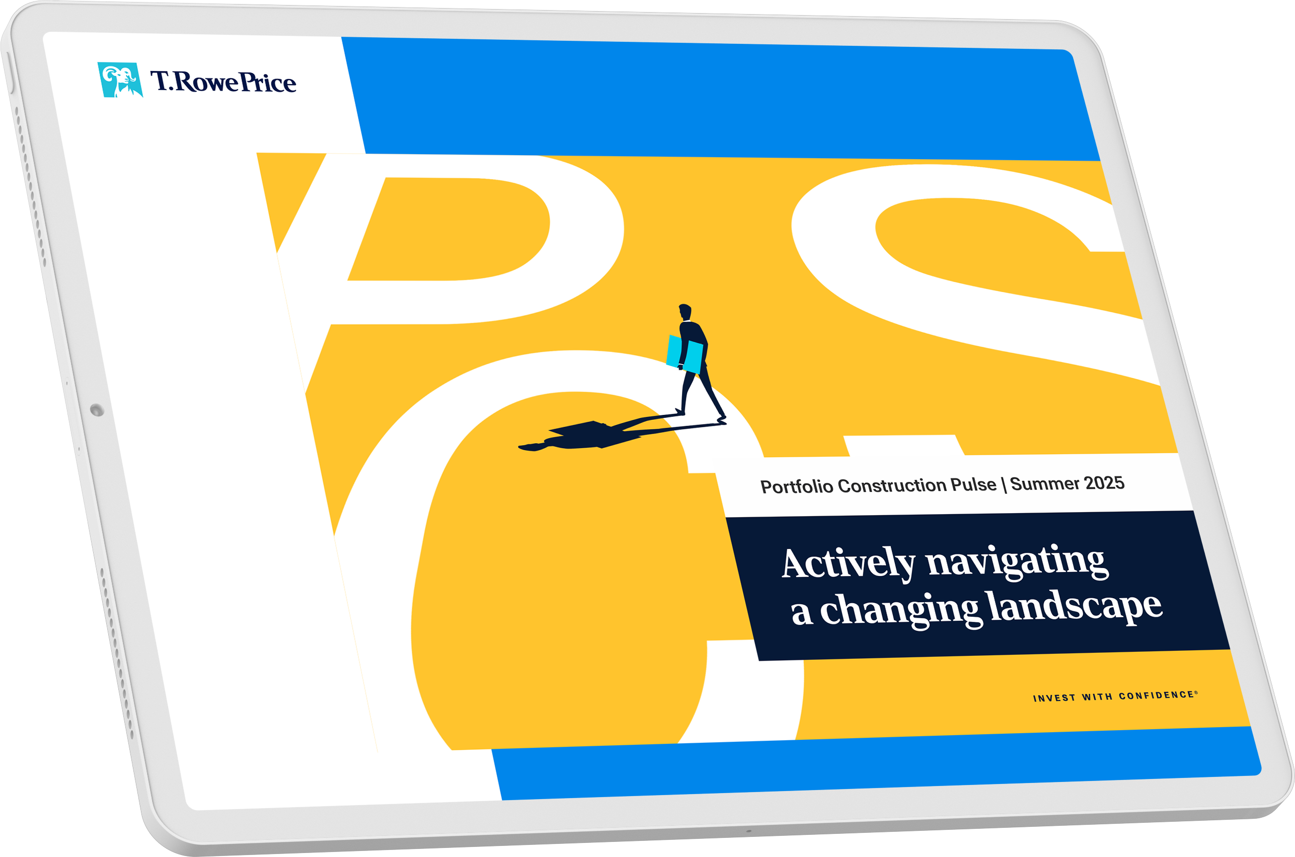 Image of a man's silhouette walking while carrying a blue square under his arms. Image is displayed in an iPad to showcase the content can be easily viewed via smaller devices.