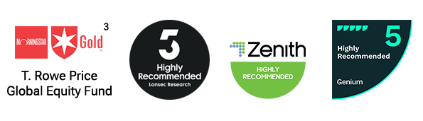 T. Rowe Price Global Equity Fund accolades: Morningstar Gold, Lonsec Research 5 Highly Recommended, Zenith Highly Recommended, Genium 5 Highly Recommended