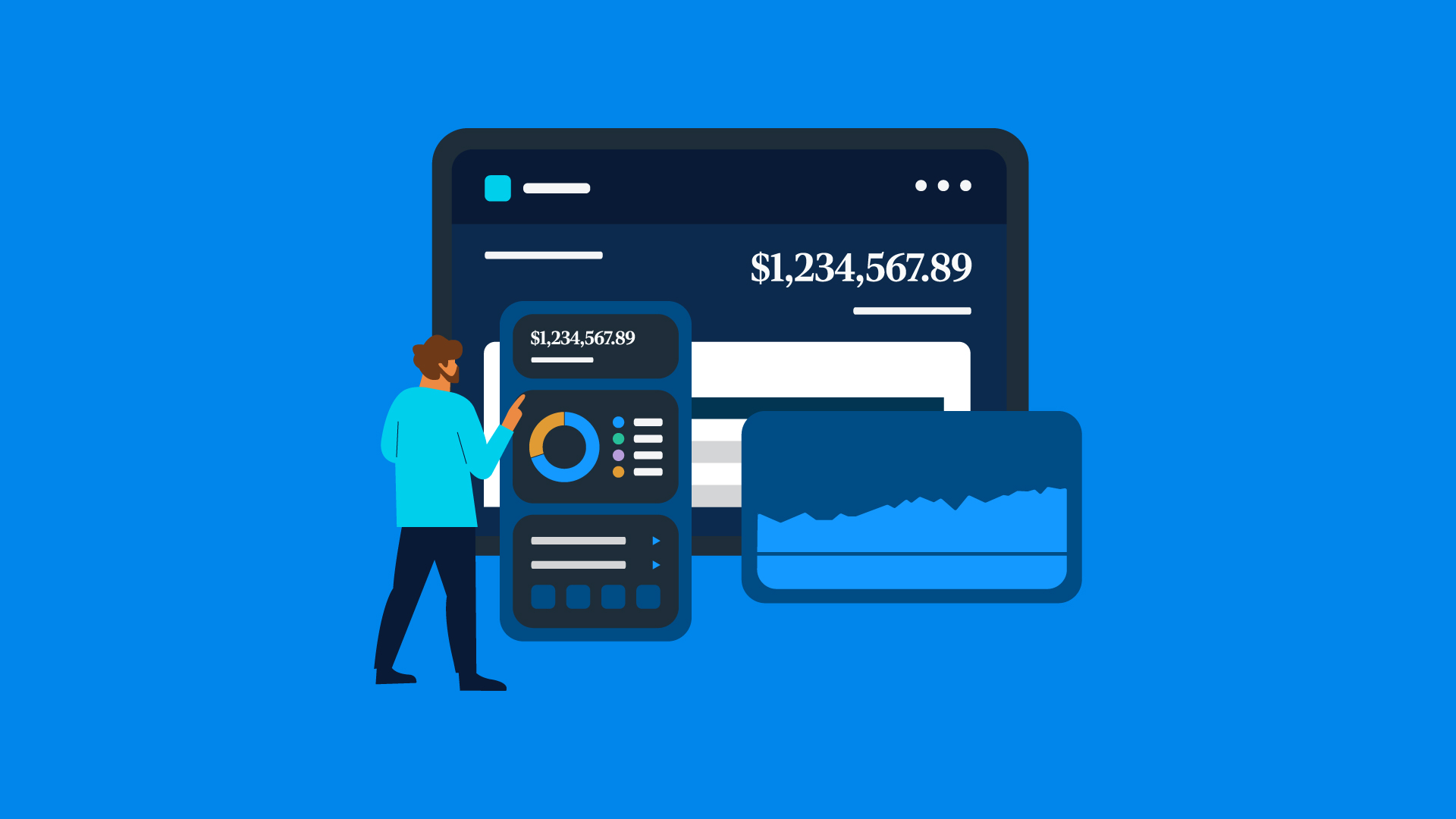 An illustration of a man standing in front of several pretend dashboards and charts.
