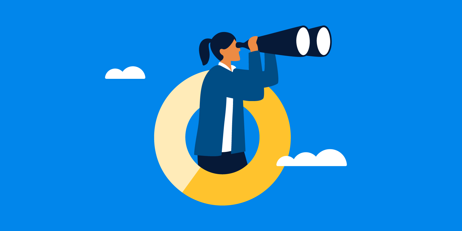 A simple illustration of a woman in a suit looking through binoculars. She stands against a blue sky with clouds and a decorative donut chart.