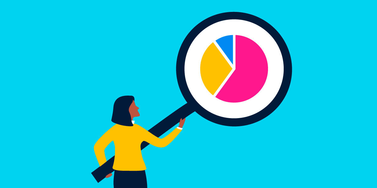 Illustration of a woman holding a magnifying glass over a pie chart