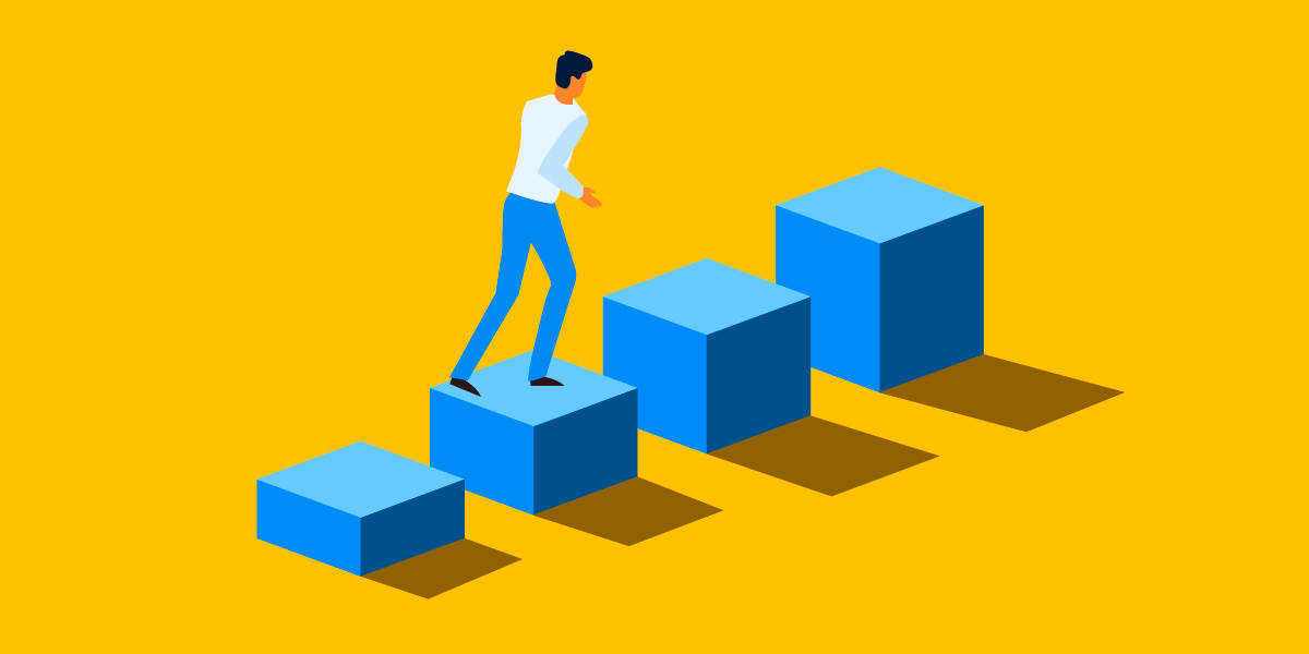 An illustration of a man in a white shirt and jeans walking on increasingly taller blue blocks against a yellow background.