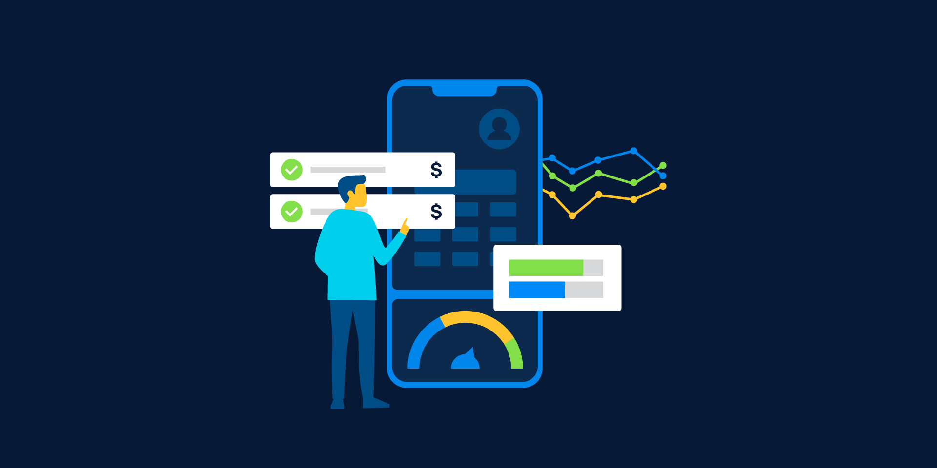 A decorative illustration of several charts, gears, and progress indicators.