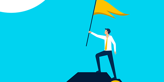 illustration of person in a suit on a mountain peak holding a yellow flag