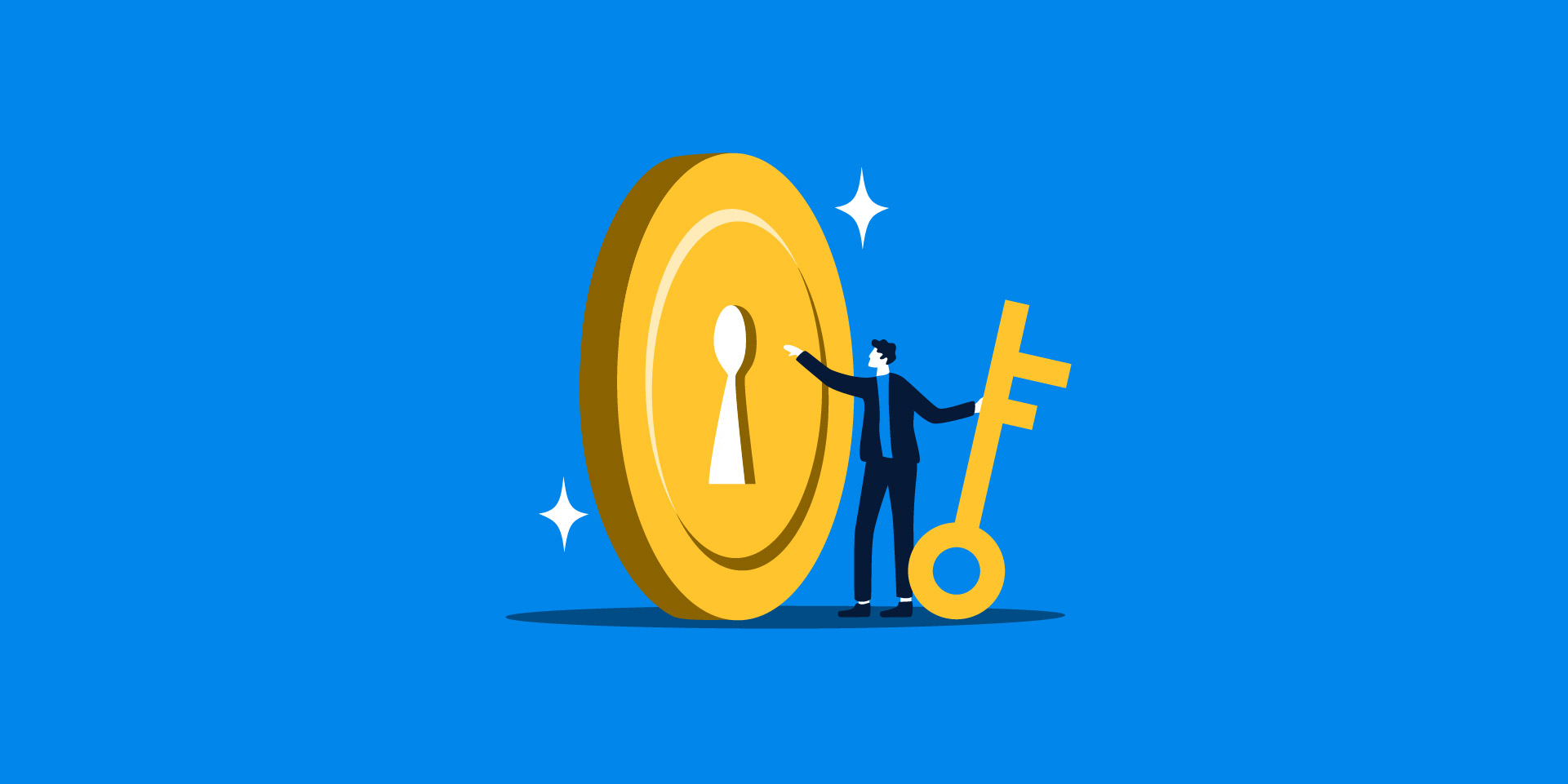 illustration of man holding key pointing to life sized gold coin with a key hole