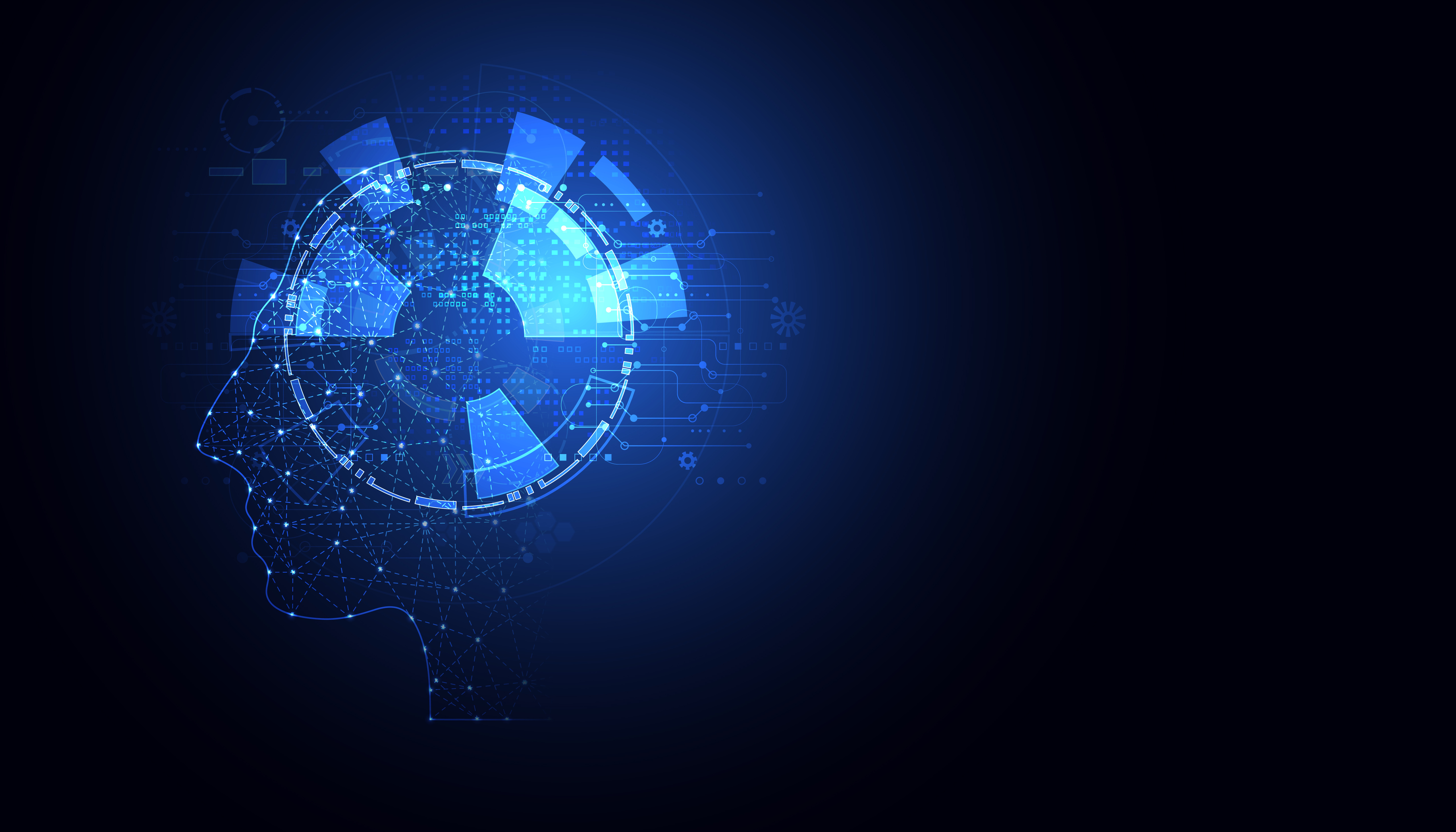 Abstract Face Technology AI Artificial Intelligence futuristic, modern designs and digital lines. On a modern blue background