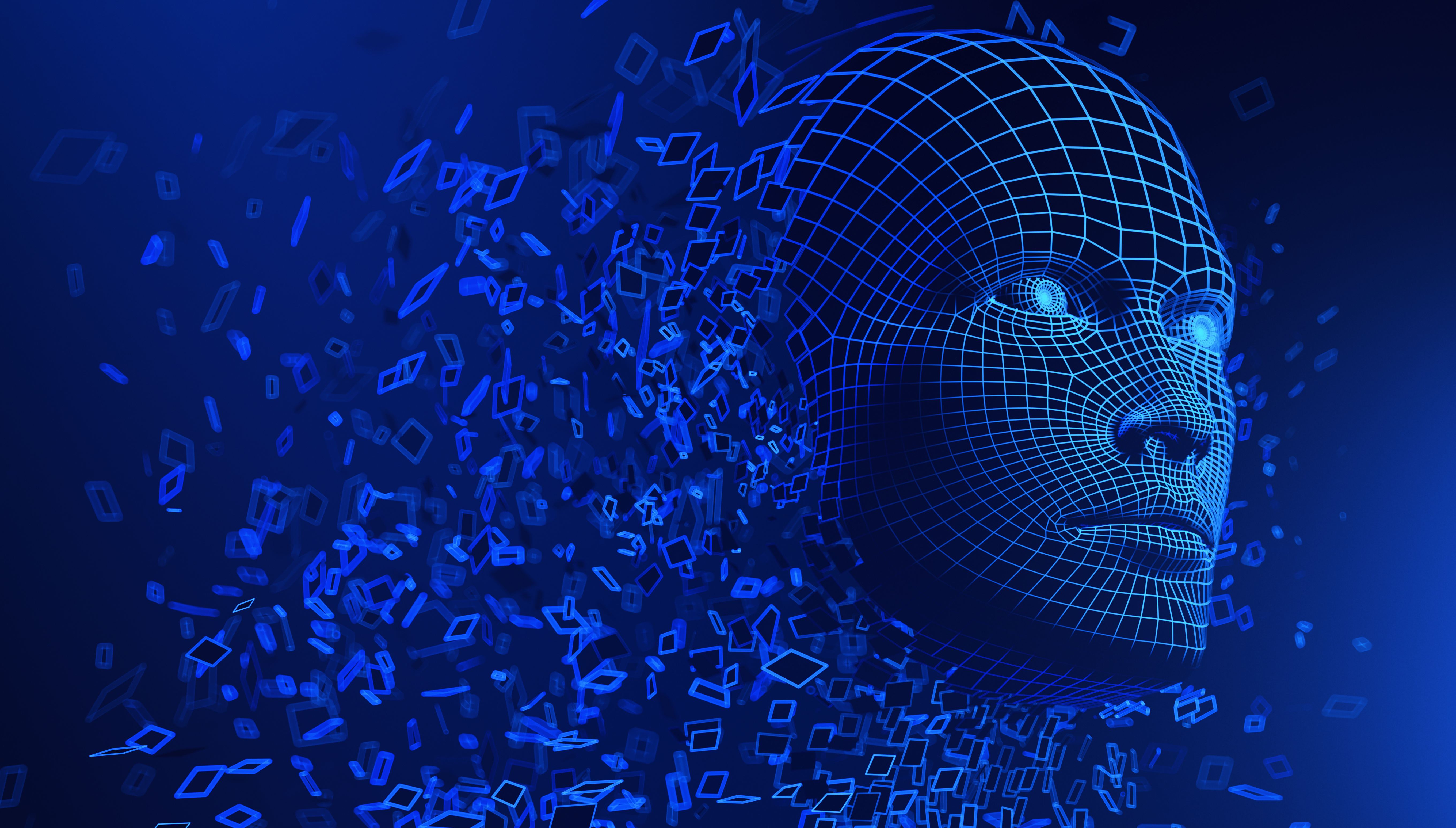 Digital human face. Artificial intelligence AI. Dispersion dissolve disintegration.