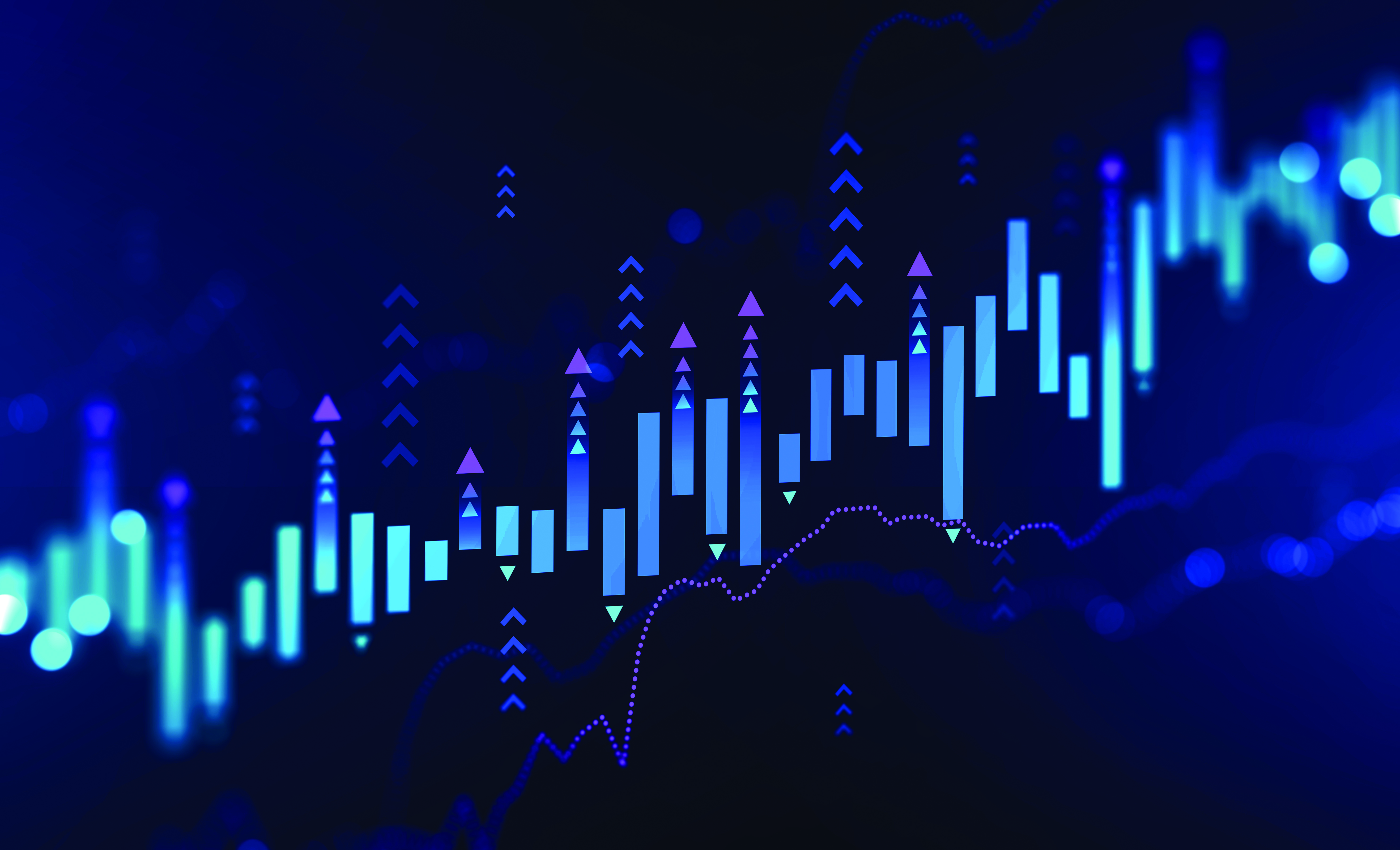Blurry growing digital graph interface over dark blue background. Concept of stock market and financial success. 3d rendering toned image