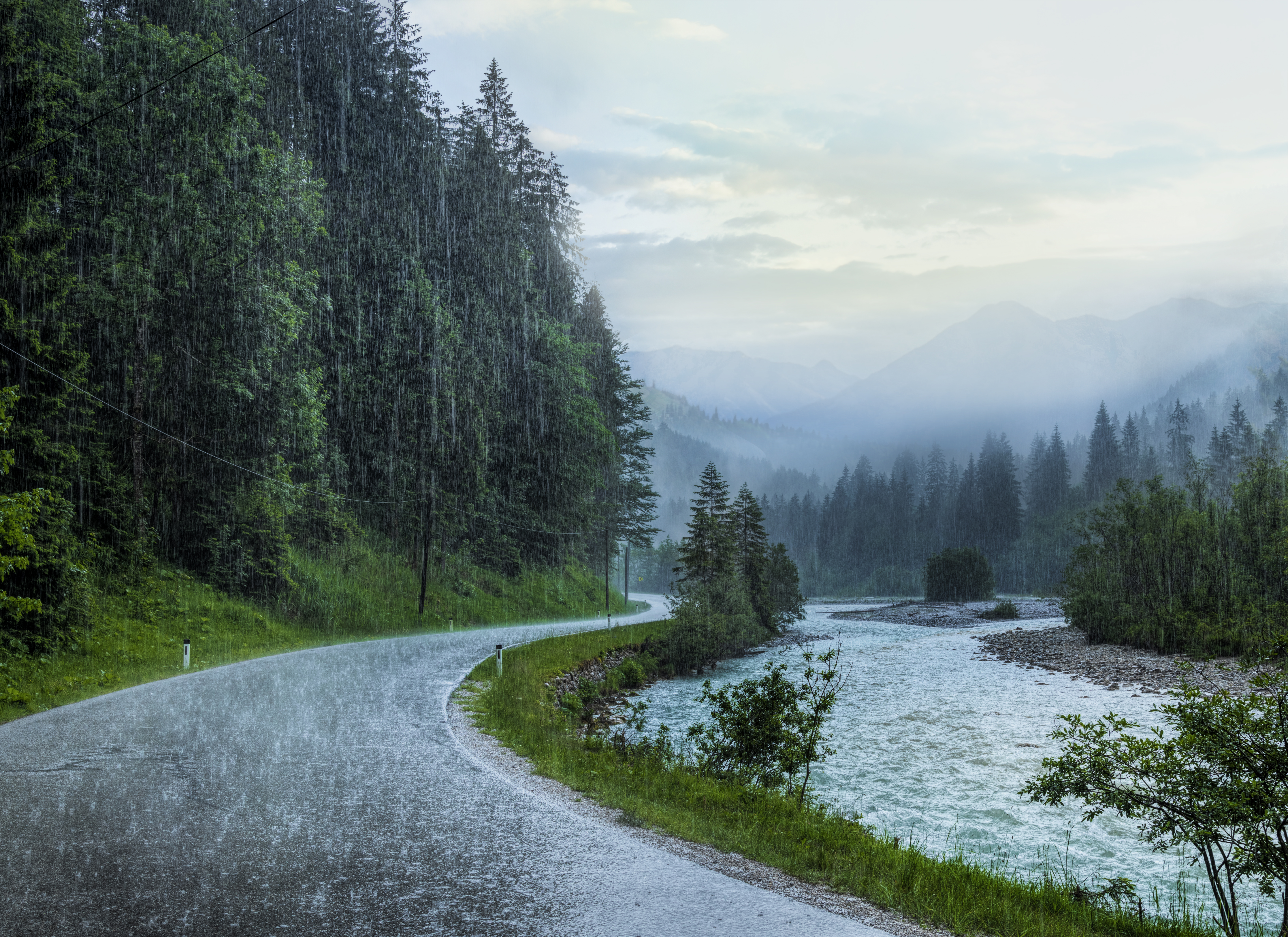 Heavy rain , mountain road in springtime , Karwendel mountains