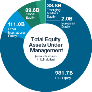 Total equity assets under management (amounts listed in U.S. dollars): Emerging Markets Equity equals 38.8B, European Equity equals 2.0B, U.S. Equity equals 981.7B, Global Equity equals 89.6B, Other International Equity equals 111.0B.