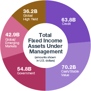 Total fixed income assets under management (amounts shown in U.S. dollars): 70.0B credit, 65.2B cash/stable value, 60.3B government, 45.3B global/emerging markets, 40.7B global high yield.