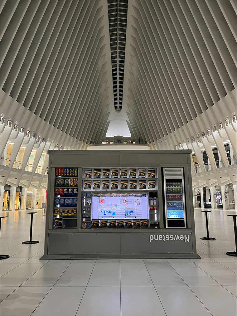 Image of upside-down newsstand installation at Manhattan’s Oculus. Credit: World Trade Center | Port Authority of New York & New Jersey