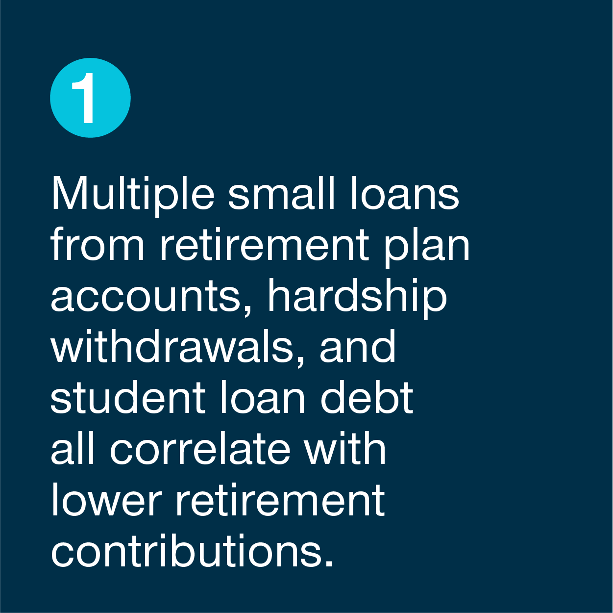 Multiple small loans from retirement plan accounts, hardship withdrawals, and student loan debt all correlate with lower