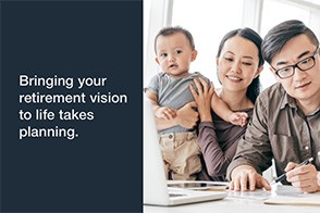 Asian American parents with their baby sitting at a table, reviewing statements with a financial professional.