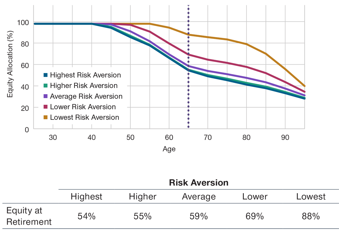 A line chart of target date equity allocations across age groups, where the lines represents a range of participant risk preferences running from lowest risk aversion to highest risk aversion.