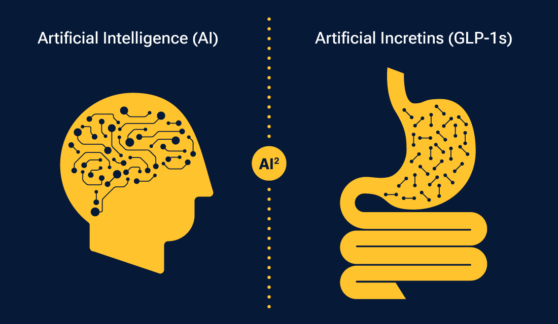 A graphic that reflects the two seismic developments of artificial intelligence and artificial incretins. On one side of the graphic, artificial intelligence is represented by a head with digitial thoughts. The other side includes an image of a human liver with artificial incretins penetrating it to create a healthier lifestyle.