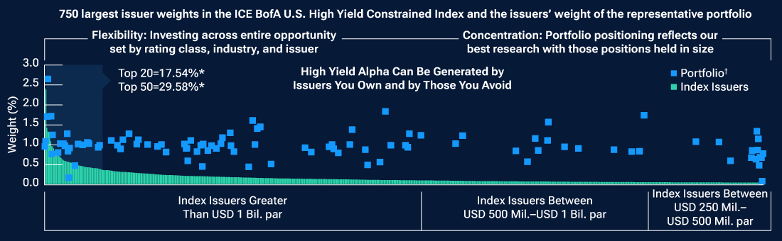 A bar chart of index issuer weights compared with a dot plot of portfolio issuer weights where the portfolio’s dots indicate that its holdings are more concentrated.