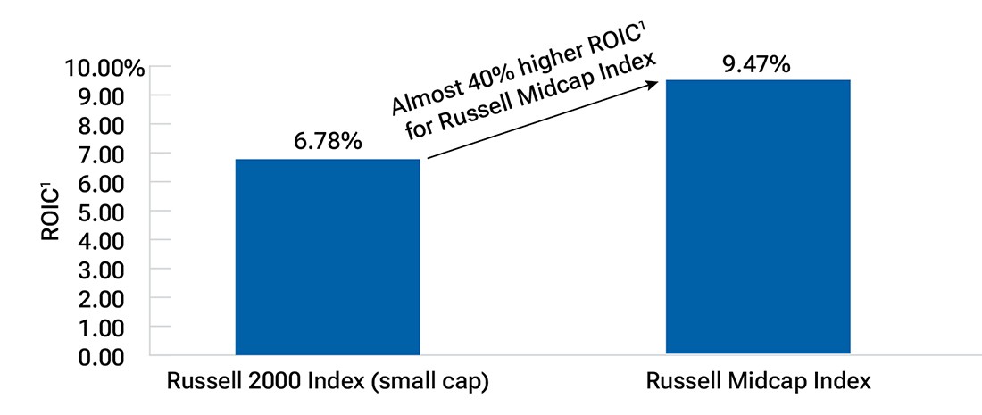 This bar graph shows that returns on invested capital (ROIC) for the small-cap Russell 2000 Index have been lower than for the Russell Midcap Index.
