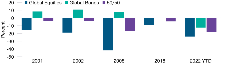 Returns of Global Equities, Global Bonds and a 50/50 Mix