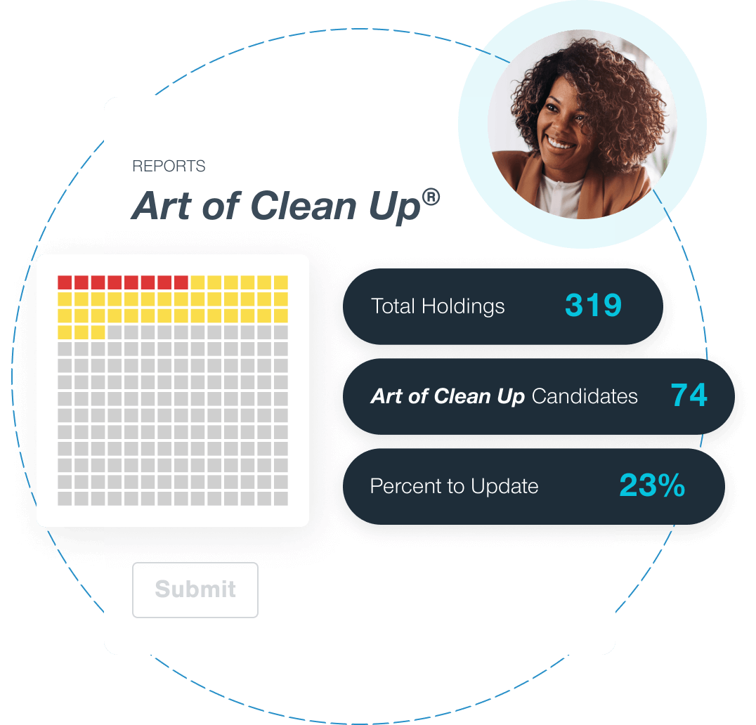 Screenshot of the Advisor Dashboard Art of Clean Up Findings Snapshot, which shows the total number of holdings analyzed, the number of Art of Clean Up candidates, and the percentage of holdings that need updating.