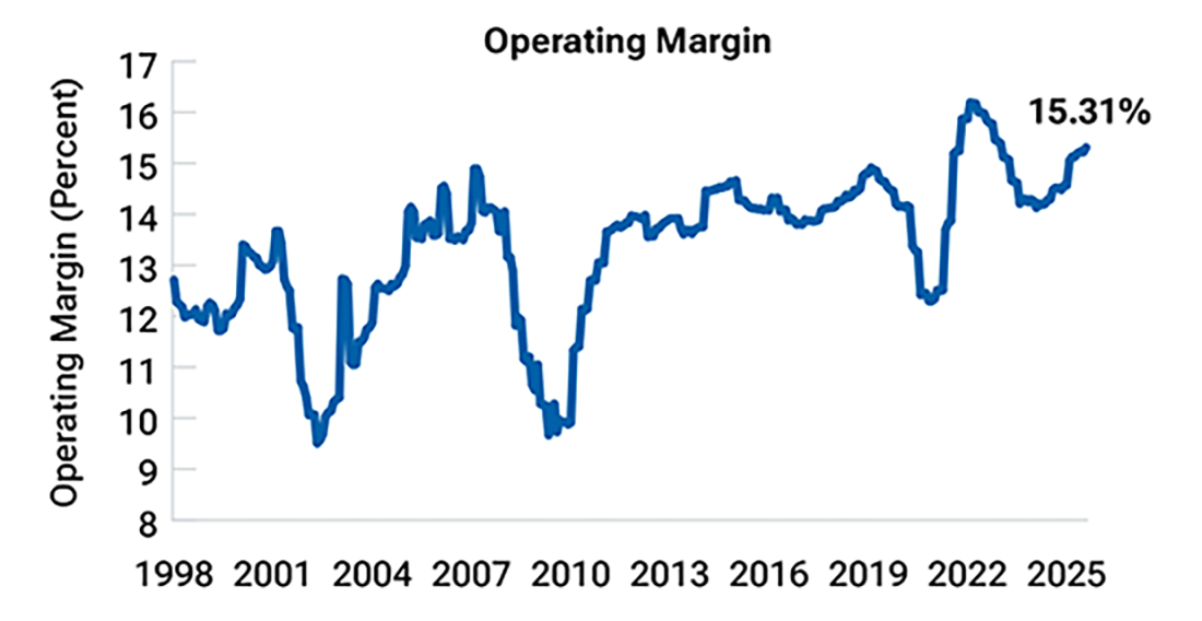 Line charts showing operating margin and return on equity trends for the S&P 500 Index.