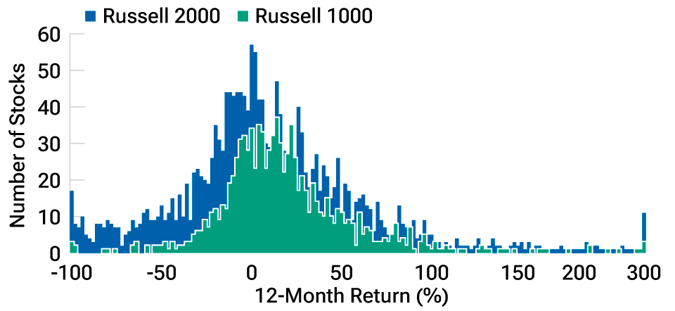 This histogram, which depicts the distribution of 2023 calendar year returns of Russell 2000 and Russell 1000 constituents ranging from -100% to +300%, shows that certain small-cap Russell 2000 stocks outperformed, even though large-caps generally outperformed small-caps.