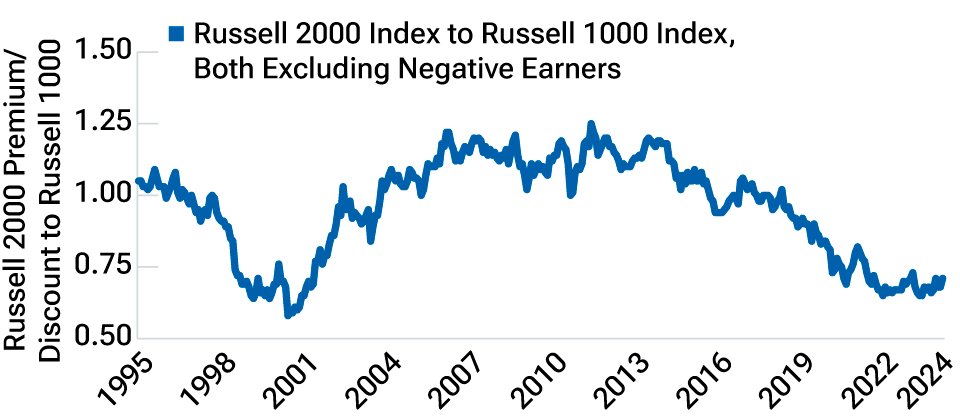 The bottom graph, which excludes companies with negative earnings, shows that profitable small-cap stocks are trading at a historical discount.