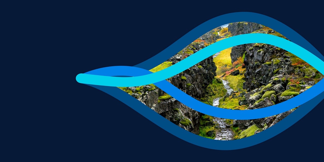Illustration of sound waves in shades of blue across a photo of tectonic plates converging.