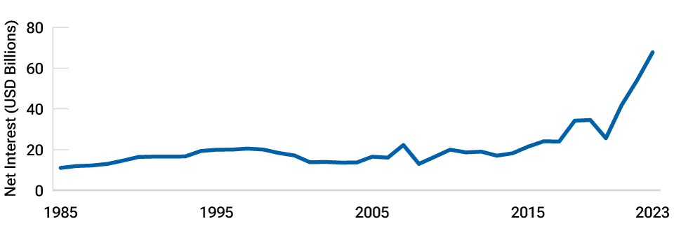 Line chart showing a rapid rise in federal debt levels of the past several years.
