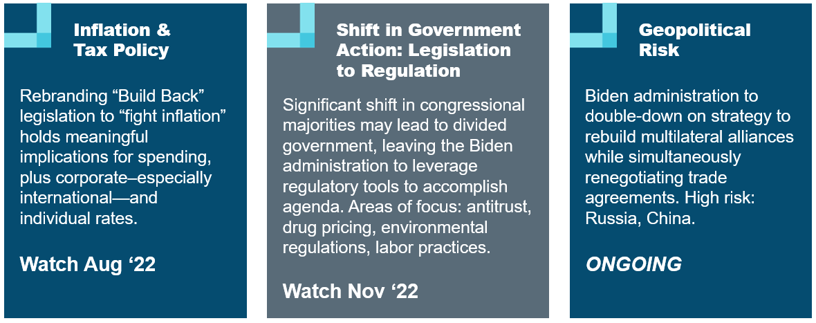 3 column graphic outlining key themes of inflation & tax policy, shift in government action and geopolitical risk