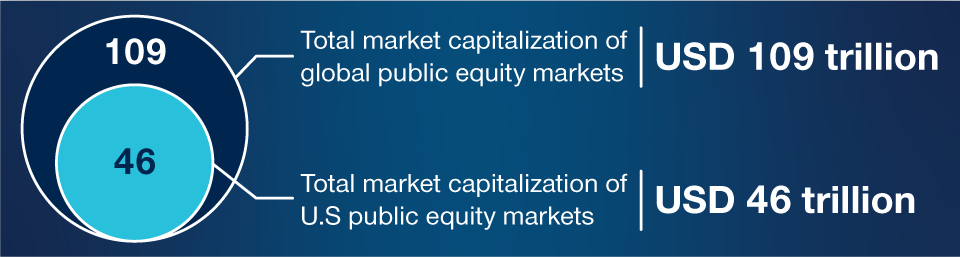Graphic showing the size of the total market capitalization of the global public equity markets and U.S. equity markets specifically.