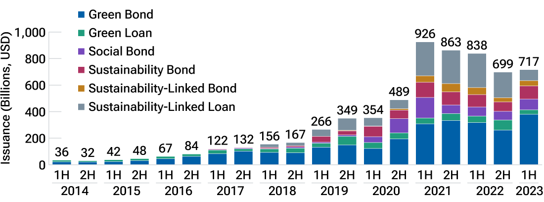 A bar chart of annual sustainable debt issuance by instrument type where the amount of issuance has increased.