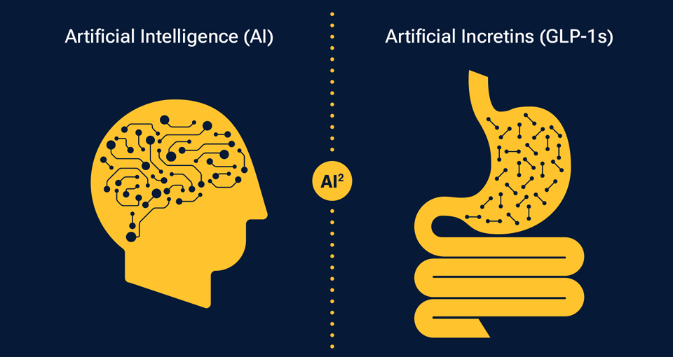 A graphic that reflects the two seismic developments of artificial intelligence and artificial incretins.