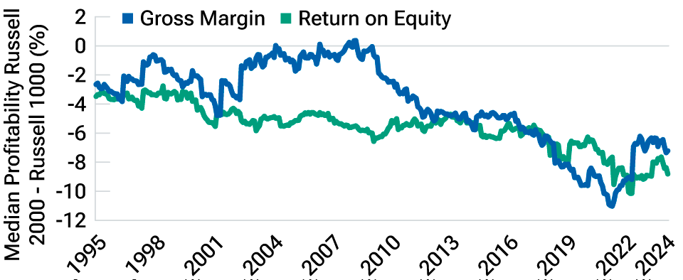 Two-line graph showing that small-caps’ gross margins and return on equity have been declining relative to those of largecaps from 1995 through the end of March 2024.