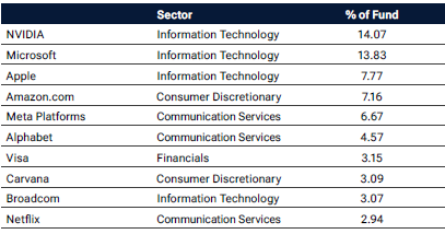 Illustration of a table showing Blue Chip Growth ETF (TCHP) top 10 holdings.