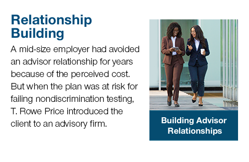 Relationship Building A mid-size employer had avoided an advisor relationship for years because of the perceived cost. But when the plan was at risk for failing nondiscriimiination testing, T. Rowe Price introduced the client to an adviisory firm.