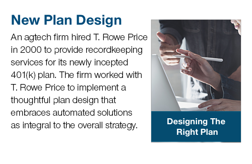 New Plan Design An agtec firm hired T. Rowe Price in 2000 to provide recordkeeping services for its newly incepted 401(k) plan. The firm worked wnh T. Rowe Price to iimplement a thoughtful plan design that embraces automated solutions as integral to the overall strategy.