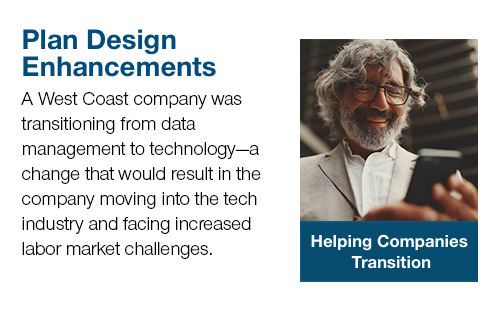 Plan Design Enhancements A West Coast company was transitioning from data management to technology-a change that would result in the company moviing into the tech industry and facing increased labor market challenges.